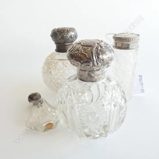 3 STG SILVER TOPPED SCENT BOTTLES & DRESSING TABLE JAR (1 LID A/F)
