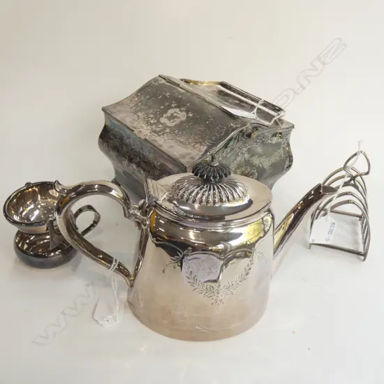4 SILVER PLATE PCS; TOAST RACK / 2 COMPARTMENT CADDY / TEAPOT & STRAINER