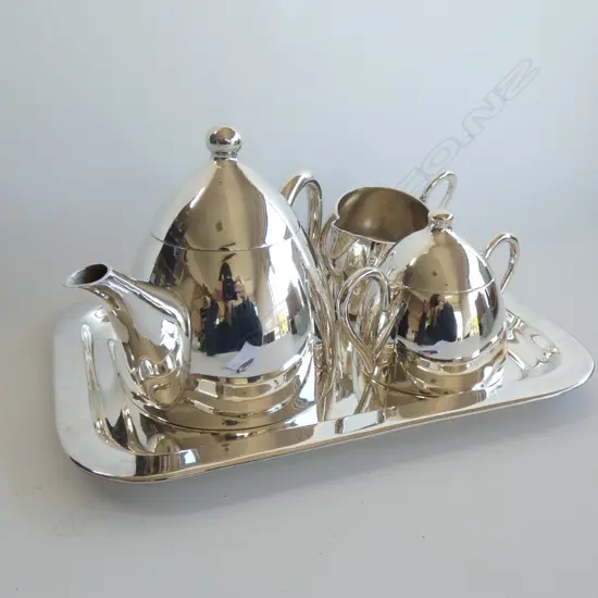 4 PCE SILVER PLATE TEA SET; TEAPOT, MILK, SUGAR & TRAY