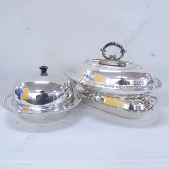 3 PCS LIDDED SILVER PLATE SERVING DISHES; ROUND / OVAL & RECTANGULAR - LARGEST L 285MM