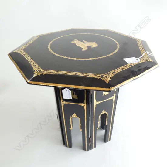 BURMESE TABLE WITH FOLDING LEG - BLACK & GOLD LACQUER DIA 380MM