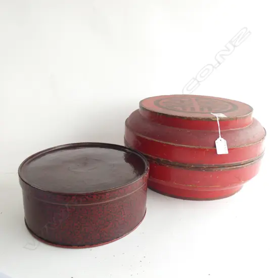 2 ORIENTAL ROUND LACQUER BOXES - LARGEST 390MM
