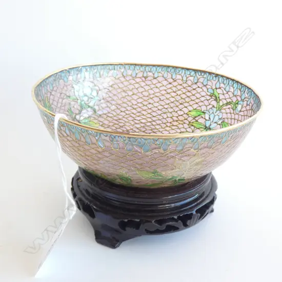 ORIENTAL TRANSPARENT CLOISONNE BOWL (DIA 122MM) WITH WOODEN STAND 