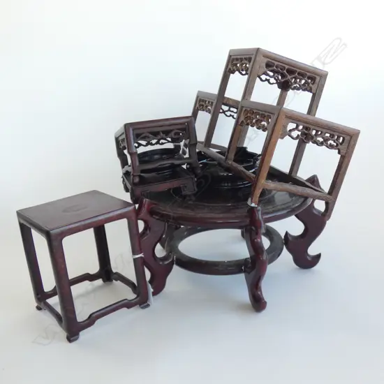 6 ASST ORIENTAL WOODEN STANDS (LARGEST DIA 280MM) & 1 PORCELAIN STAND (DIA 125MM)