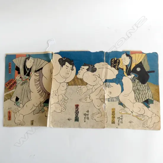 TOYOKUNI III (UTAGAWA KUNISADA) TRIPTYCH WOODBLOCK OF SUMŌ WRESTLERS