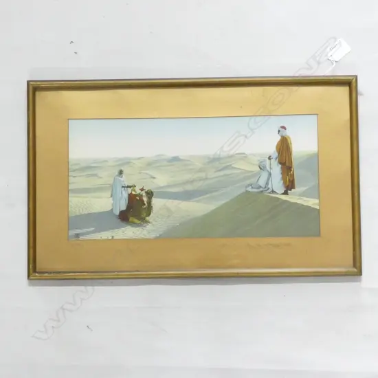 DESERT SCENES CHROMOLITHO BY LEHNERT ET LANDROCK, BEDOUIN & CAMEL. GILT FRAMED. 500 x 300mm OVERALL.