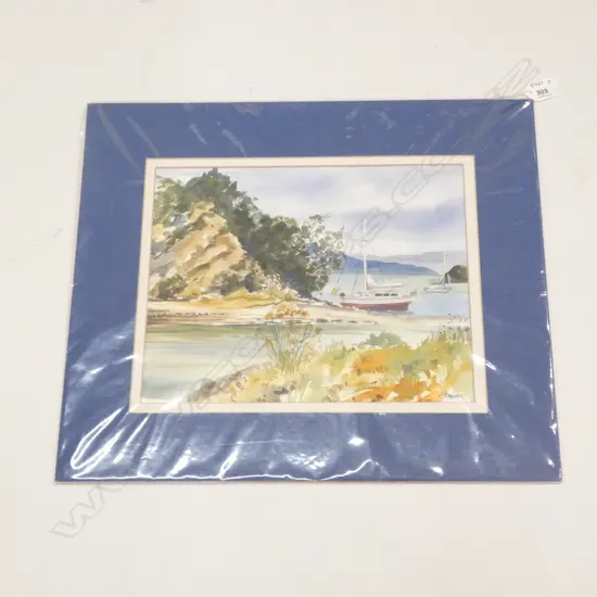 C. LAWRIE, WATERCOLOUR, COASTAL SCENE WITH YACHTS, MOUNTED UNFRAMED. 255 x 320mm IMAGE