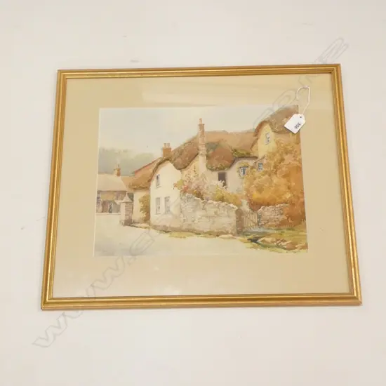CHARLES HENRY HOWORTH (1856-1945) WATERCOLOUR SIGNED, LAKE DISTRICT THATCHED COTTAGES. 265 X 340mm