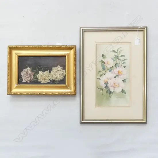 OIL ON BOARD - ROSES 145 X 240MM & WATERCOLOUR WINIFRED JENSEN  315 X 165MM
