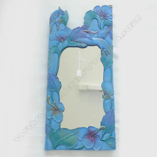 MIRROR w. BLUE CARVED WOODEN FRAME 805x355mm