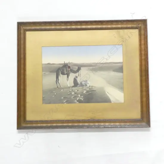 DESERT SCENES CHROMOLITHO BY LEHNERT ET LANDROCK, ‘PRAYER IN THE DESSERT’ C.1920. GILT FRAMED. 470 x 570mm OVERALL.