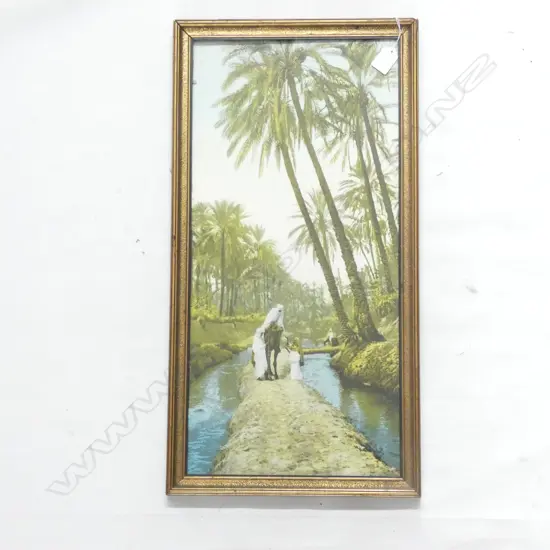 DESERT SCENES CHROMOLITHO BY LEHNERT ET LANDROCK, 5065 ‘DANS L’OASIS’, GILT FRAMED, 630mm x 330mm OVERALL.