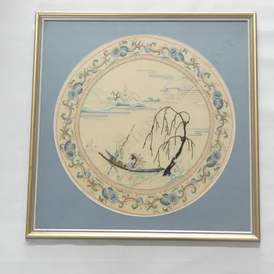 EMBROIDERED ORIENTAL PANEL 480mm dia, FRAMED