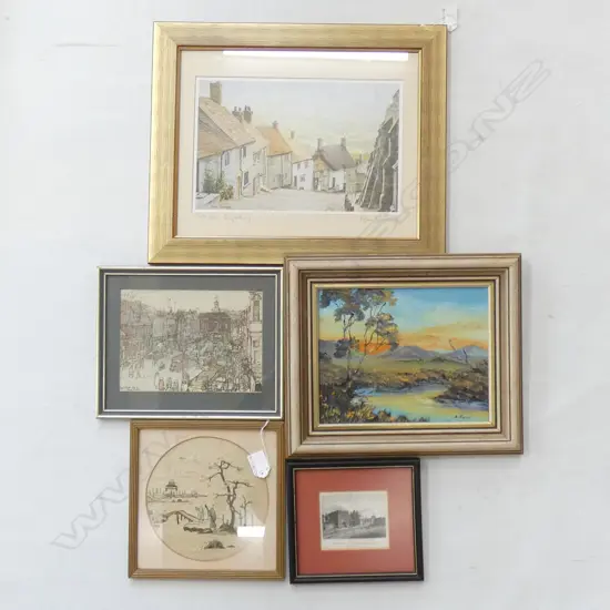 5 ASST ARTWORKS; ORIENTAL SILK TAPESTRY / ROBIN DAVIDSON WATERCOLOUR ETC.. LARGEST 290 X 185MM