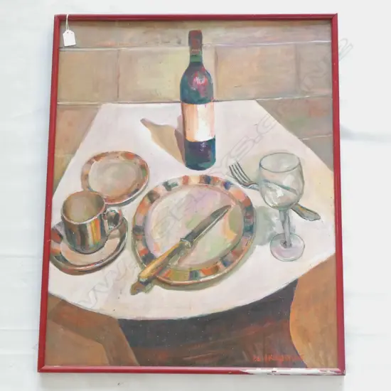 IAN KINGSTONE (1942-) 'WINE BOTTLE WITH PLATES' ACRYLIC '86 740x590mm