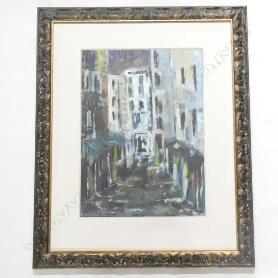 E. MCCARTHY ABSTRACT STREET SCENE OIL 540x390mm