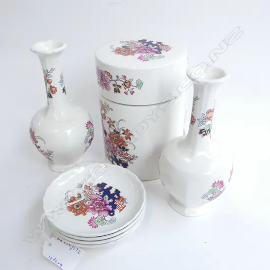 MASON IRONSTONE LIDDED JAR PR VASES& 4 DISHES CHINESE GARDEN PAT