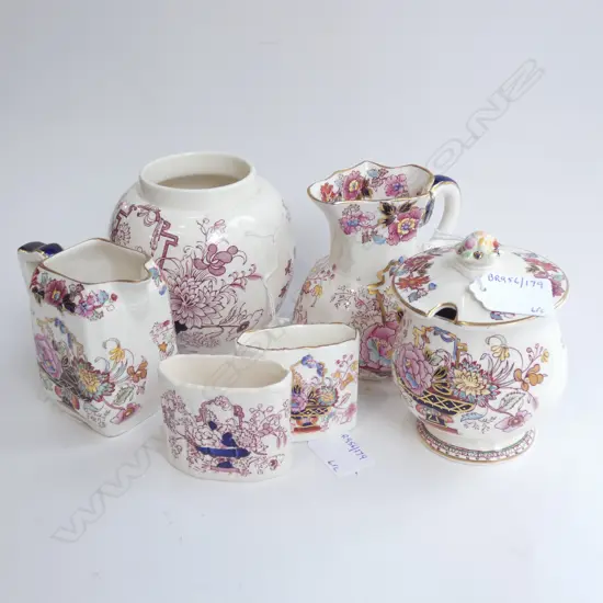 MASON IRONSTONE 2 JUGS 2 TOOTHPICK HOLDERS LIDDED JAR & ANOTHER BROCADE PAT