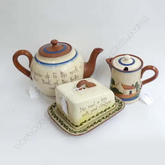 TORQUAY MOTTO WARE; TEAPOT, HOT WATER JUG & CHEESE DISH L 165MM 