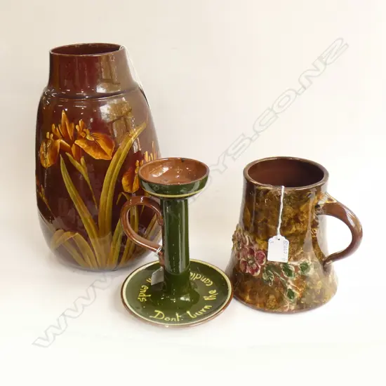 2 LG FLORAL PAINTED TORQUAY WARE VASE (LARGEST H 315MM ) & CANDLE HOLDER (H 195MM)