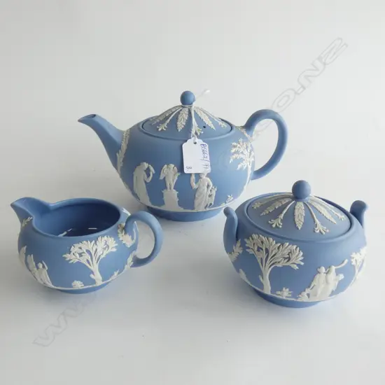 3 PCE BLUE WEDGWOOD JASPERWARE TEA SET; POT, MILK & SUGAR