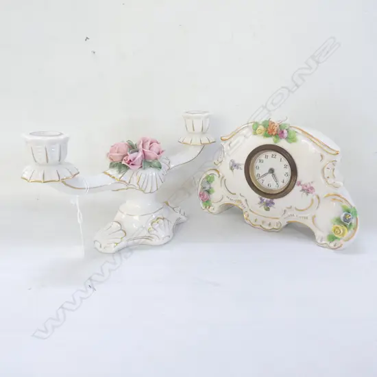 GERMAN PORCELAIN DESK CLOCK (WORKS) & CANDLEHOLDER