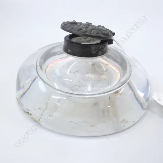 OLD HEAVY GLASS DOME INK WELL - METAL HINGED LID- DIA 115MM