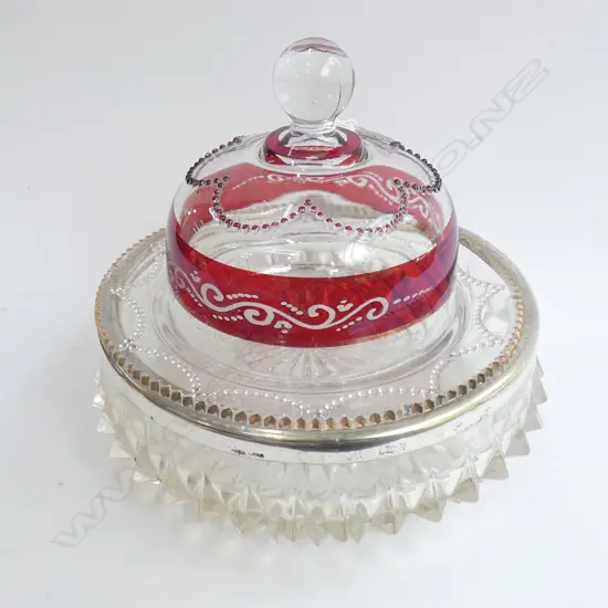 VINTAGE RUBY & GLASS CHEESE DOME & SILVER PLATE RIMMED CUT GLASS BOWL DIA 220MM