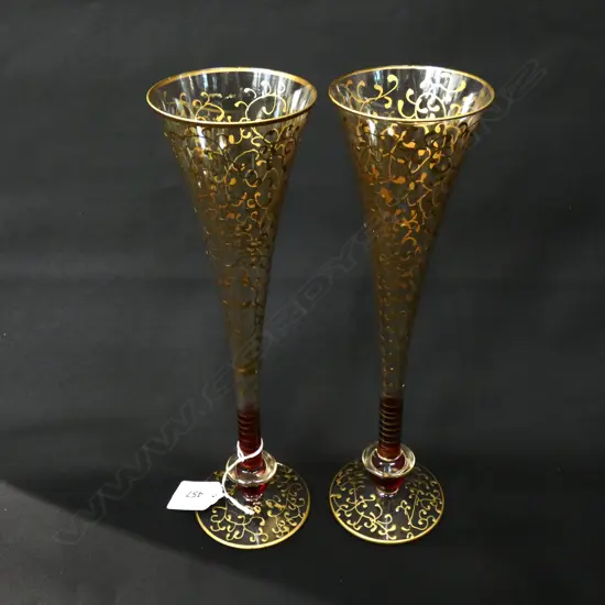 PR VENETIAN STYLE GILDED & RUBY GLASS CHAMPAGNE FLUTES H. 270MM