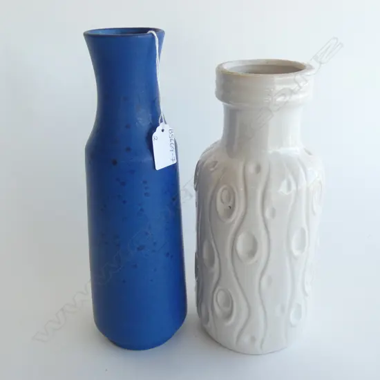 2 MID CENTURY WEST GERMAN VASES; WHITE & BLUE  LARGEST H. 295MM