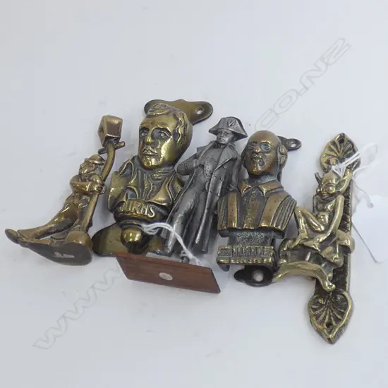 3 OLD BRASS DOOR KNOCKERS; IMP / BURNS ETC. & 2 FIGURES; BRASS & ONE OTHER H. 100MM
