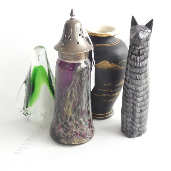AMETHYST GLASS SIFTER, ART GLASS PENGUIN, SATSUMA VASE, BLACK STONE CAT H.200mm