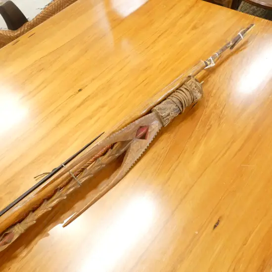 4 TRIBAL SPEARS. 1 VERY LONG 2 PCE. VARIOUS FINE BINDINGS. A.F