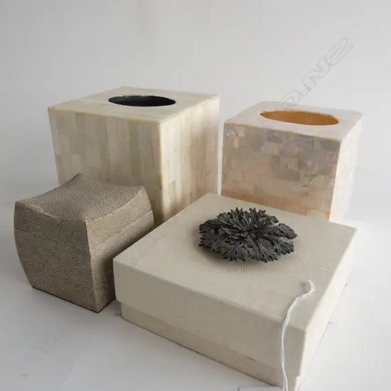 2 FAUX SHAGREEN LIDDED BOXES + 2 TISSUE BOX COVERS