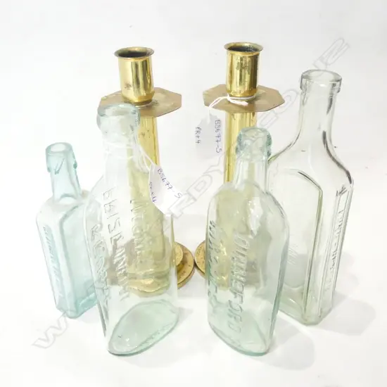 4 OLD BOTTLES - MAGNESIA & COUGH REMEDY & 2 BRASS CANDLE HOLDERS (H 210MM)