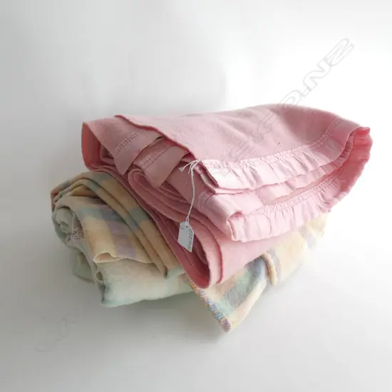 3 NZ WOOL BLANKETS; 1 DOUBLE PINK & 2 SINGLE CHECK