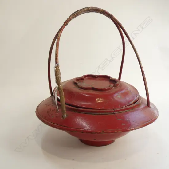 CHINESE LIDDED RED WOODEN BASKET A/F