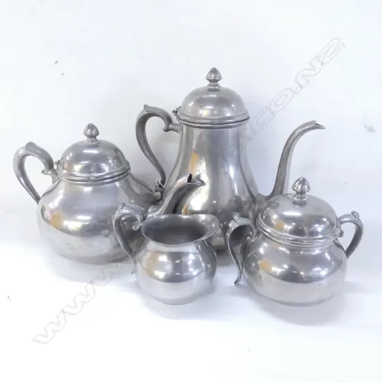 OLD 4 PC PEWTER TEA SET; TEAPOT / COFFEE POT / SUGAR BOWL & JUG