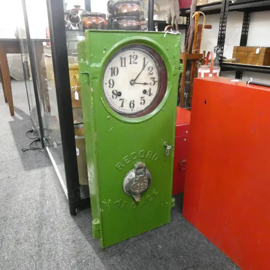 VINTAGE AUCKLAND TROTTING CLUB LONG CASE CLOCK; GREEN PAINTED CAST IRON H.750mm