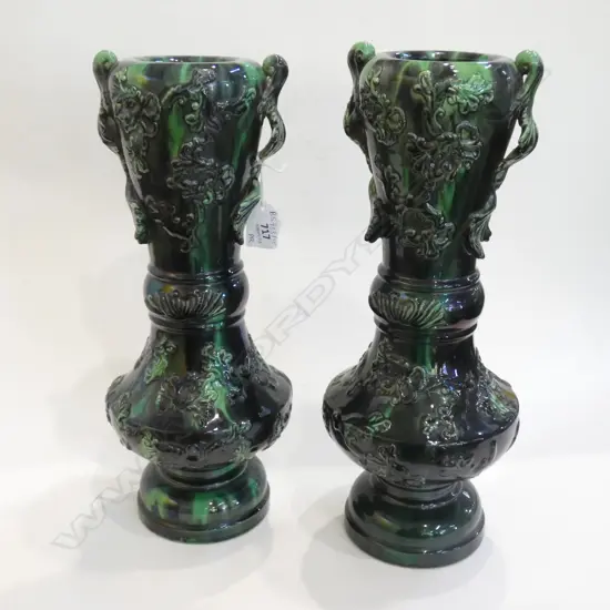 PR JAPANESE AWAJI WARE VASES; BLACK & GREEN GLAZE H.360mm