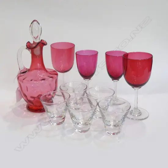 CRANBERRY GLASS DECANTER W STOPPER /4 GLASSES + HEAVY BASE SHOT GLASSES