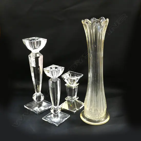 3 GLASS CANDLESTICKS + VASE H.330mm