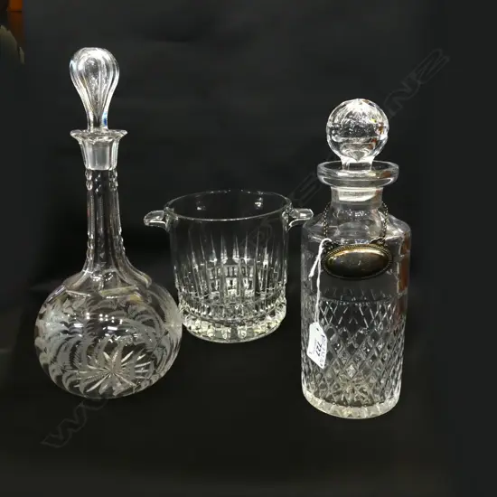 2 DECANTERS (1 w. STOPPER AF) + ICE BUCKET