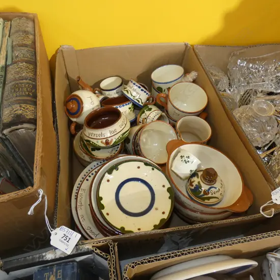 BOX LOT ASST TORQUAY MOTTO WARE; CUPS& SAUCERS ETC.. SOME A/F