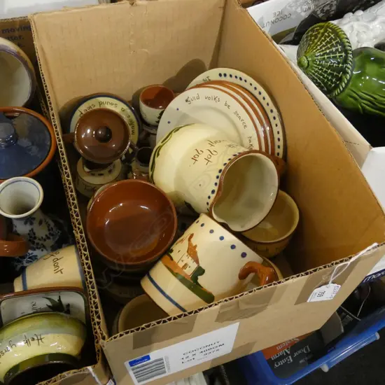 BOX LOT TORQUAY MOTTO WARE; PLATES; CUPS / CANDLE HOLDERS ETC.