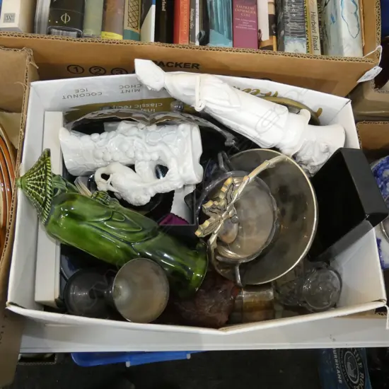 BOX LOT ORIENTAL FIGURINES, CERAMICS, EP ETC