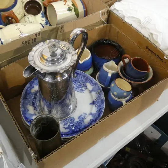 BOX ASST INCL SILVER PLATE COFFEE POT; TORQUAY MOTTO WARE ETC..