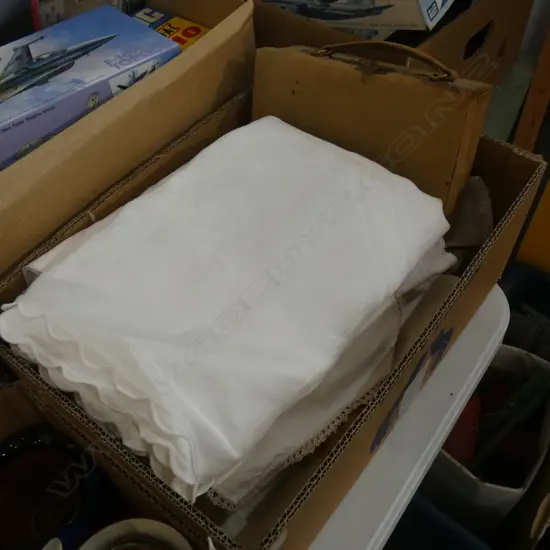 BOX LOT LINENS, CASE w. SEWING ETC 