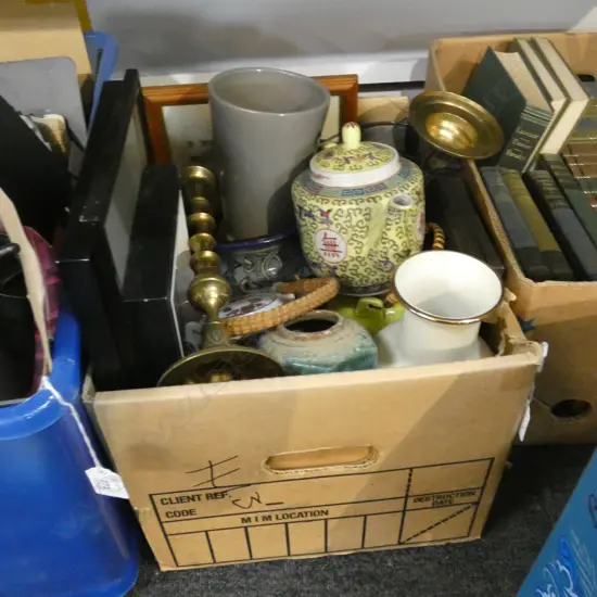 BOX LOT ASST. CERAMICS; ORIENTAL TEAPOTS, PR BRASS CANDLESTICKS, CASED CUTLERY ETC