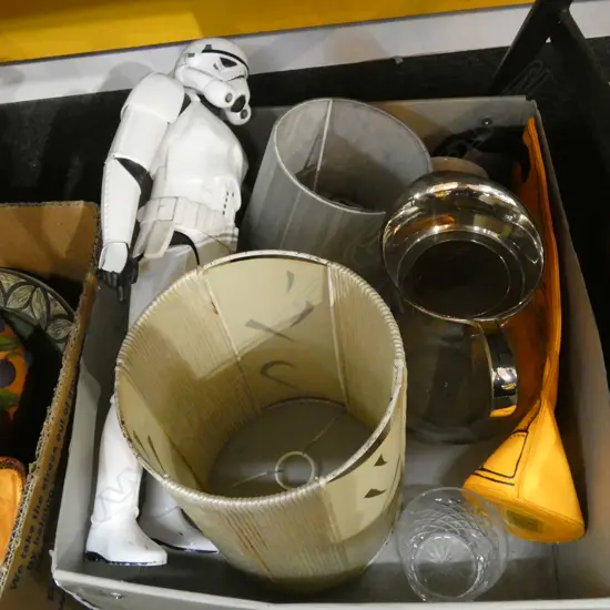 BOX LOT LAMP SHADES, CROWN LYNN, STORM TROOPER, CORNISH WARE ETC